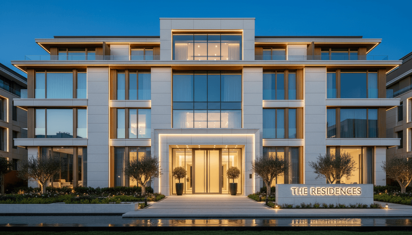 Fachada moderna de edifício residencial ou comercial, imagem sóbria e profissional