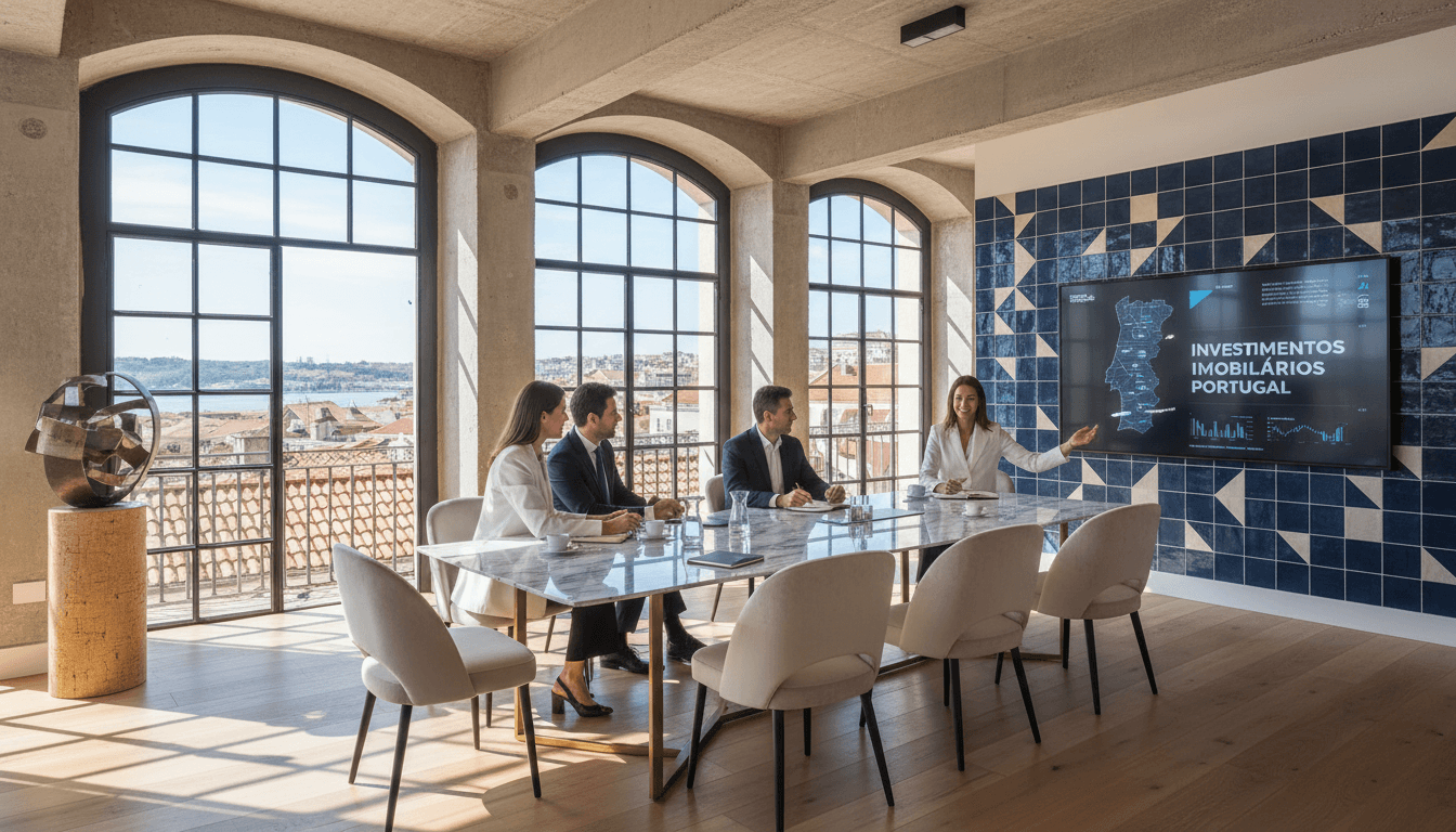 Reunião de investimento imobiliário num escritório moderno com luz natural e detalhes arquitetónicos
