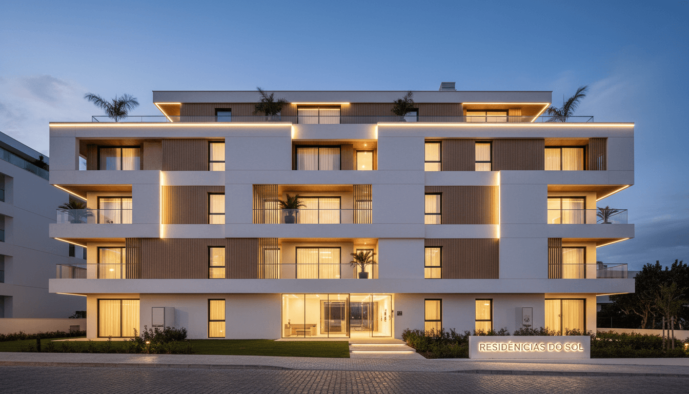 Fachada de um edifício de apartamentos moderno em Portugal