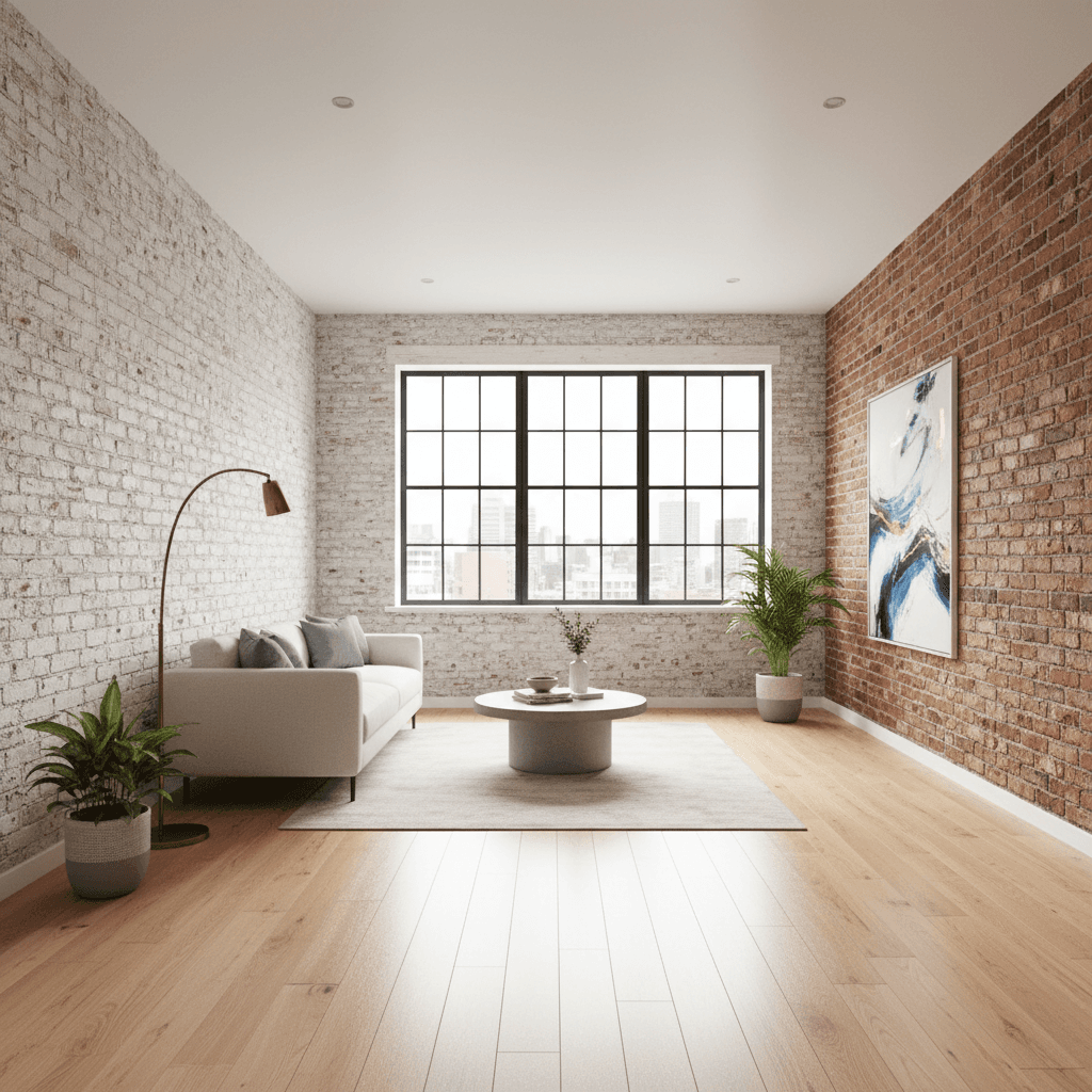 Interior de apartamento moderno com paredes de tijolo à vista e soalho de madeira