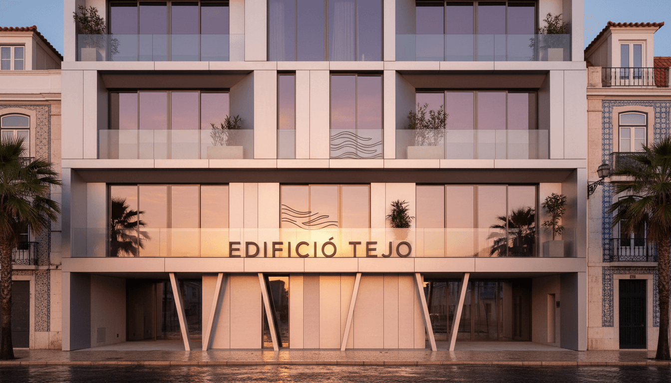 Fachada de edifício reabilitado em Lisboa com luz dourada do entardecer, linhas arquitectónicas modernas e elegantes