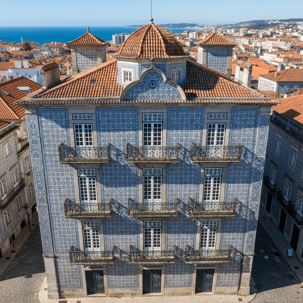 Fachada de um edifício histórico português com azulejos e varandas de ferro