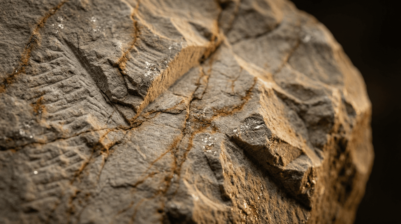 Mão a segurar uma pedra natural polida junto a uma fachada moderna com luz solar