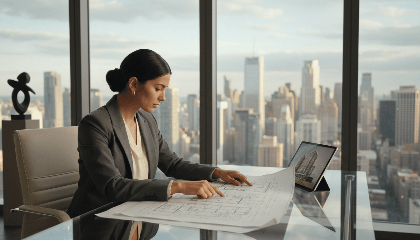 Equipe profissional de imobiliário a analisar planos e documentos num escritório moderno e iluminado, com foco e dedicação.