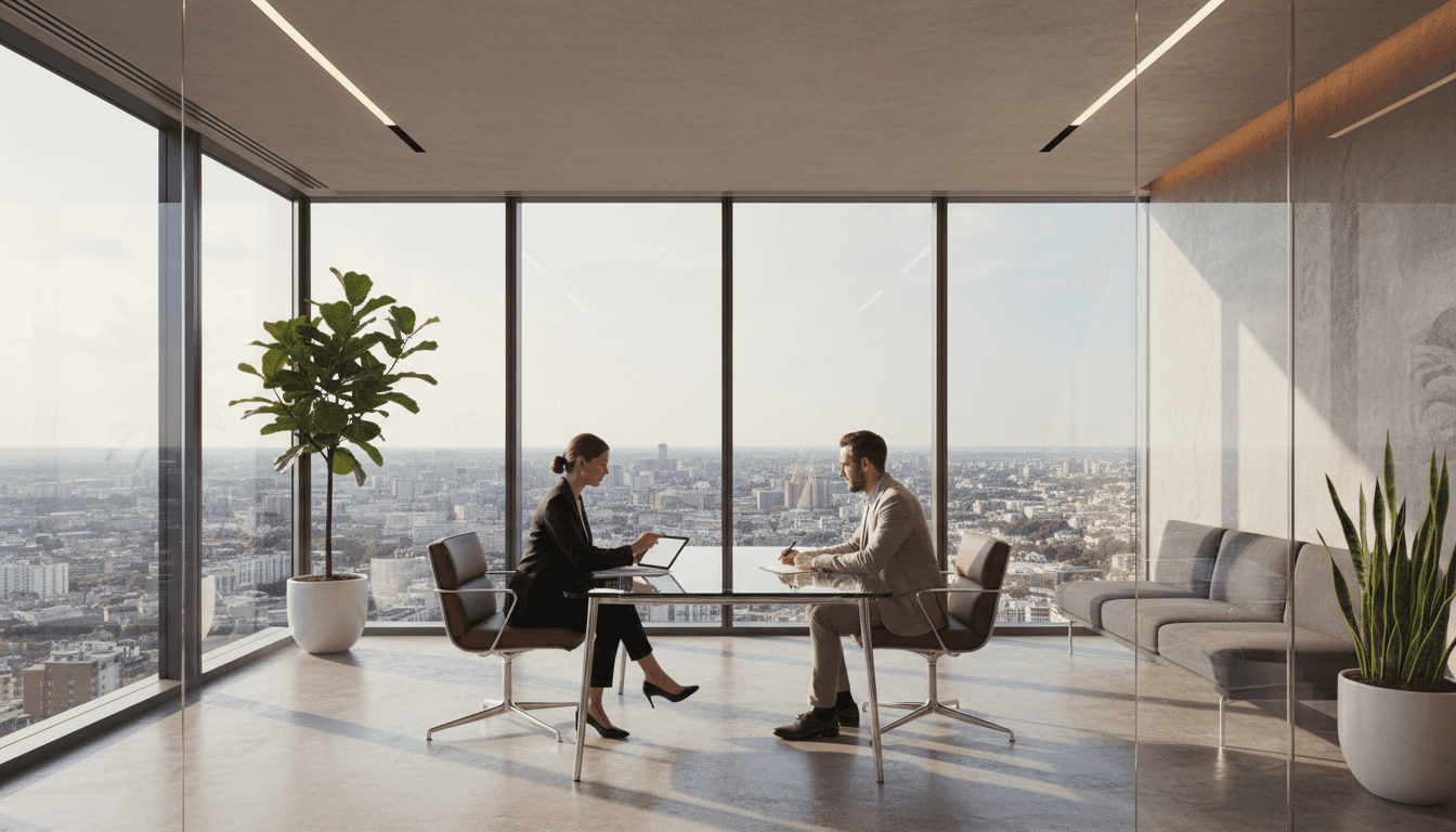 Sala de reuniões moderna com vista para a cidade ao entardecer