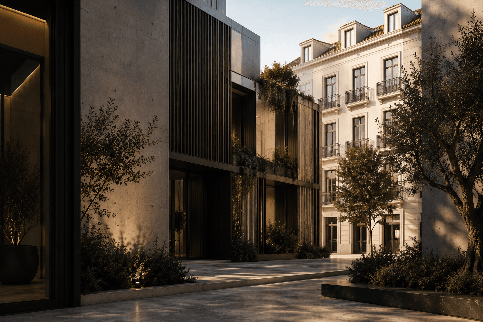 Fachada moderna de concreto e madeira contrastando com prédio clássico europeu em pátio ensolarado.