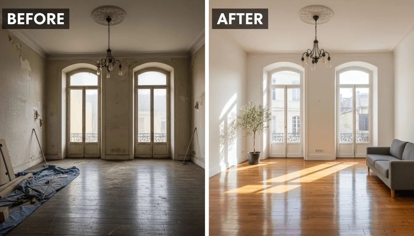 Antes e depois da reabilitação de uma sala com janelas altas e soalho de madeira