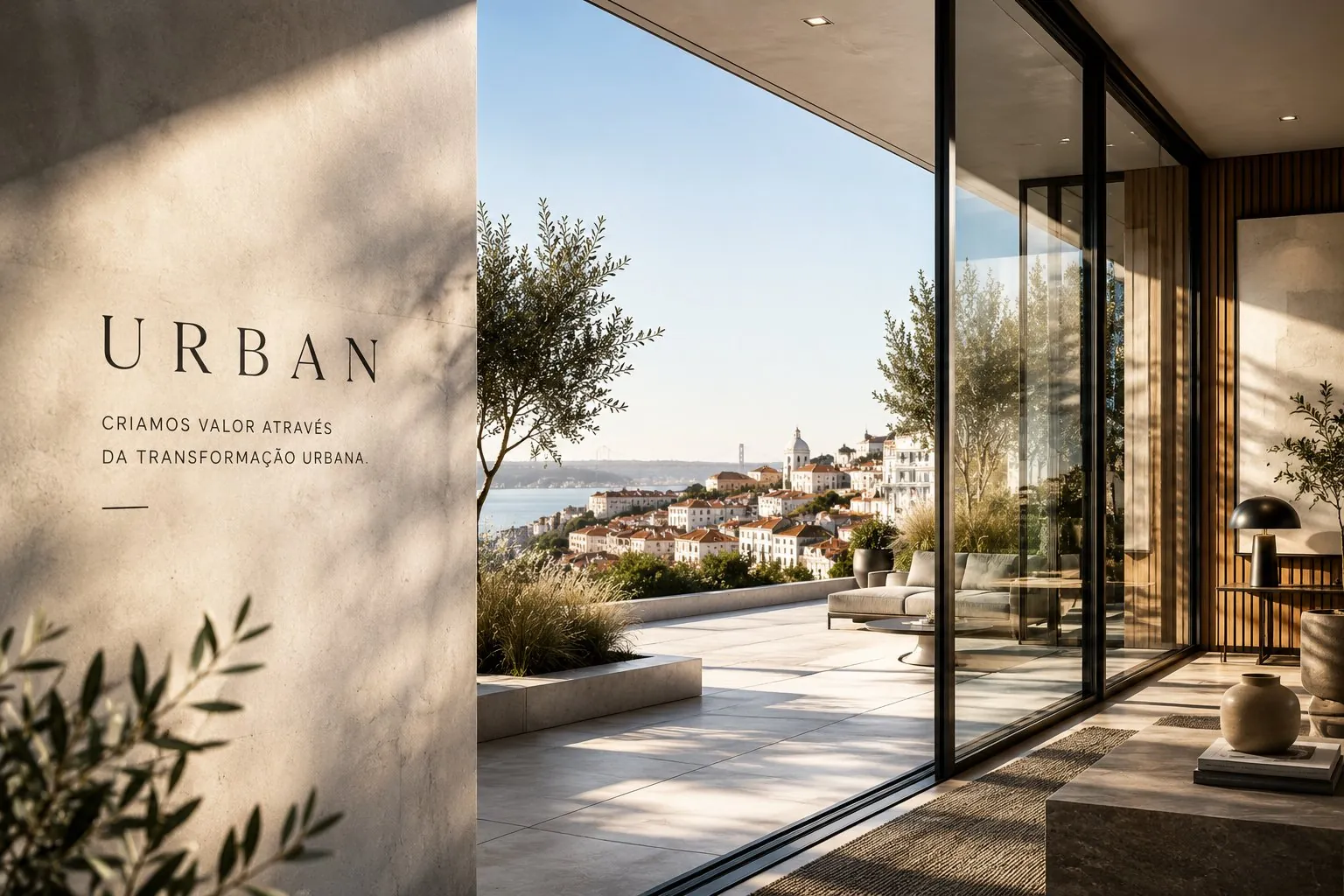 Terraço de um imóvel reabilitado com vista sobre Lisboa e o rio Tejo